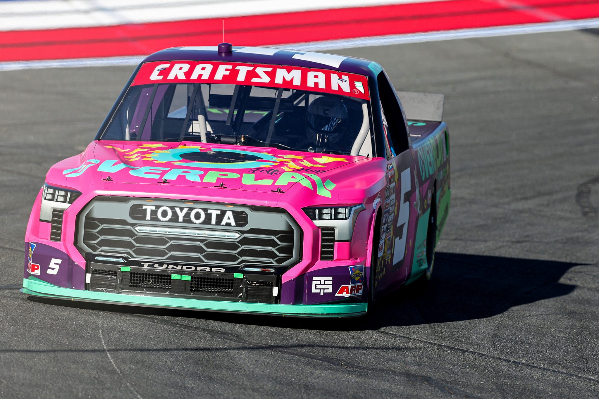 CONCORD, NORTH CAROLINA - OCTOBER 03: Toni Breidinger, driver of the #5 Overplay Toyota, drives during the NASCAR Craftsman Truck Series EcoSave 250 at Charlotte Motor Speedway on October 03, 2025 in Concord, North Carolina. (Photo by David Jensen/Getty Images) | Getty Images