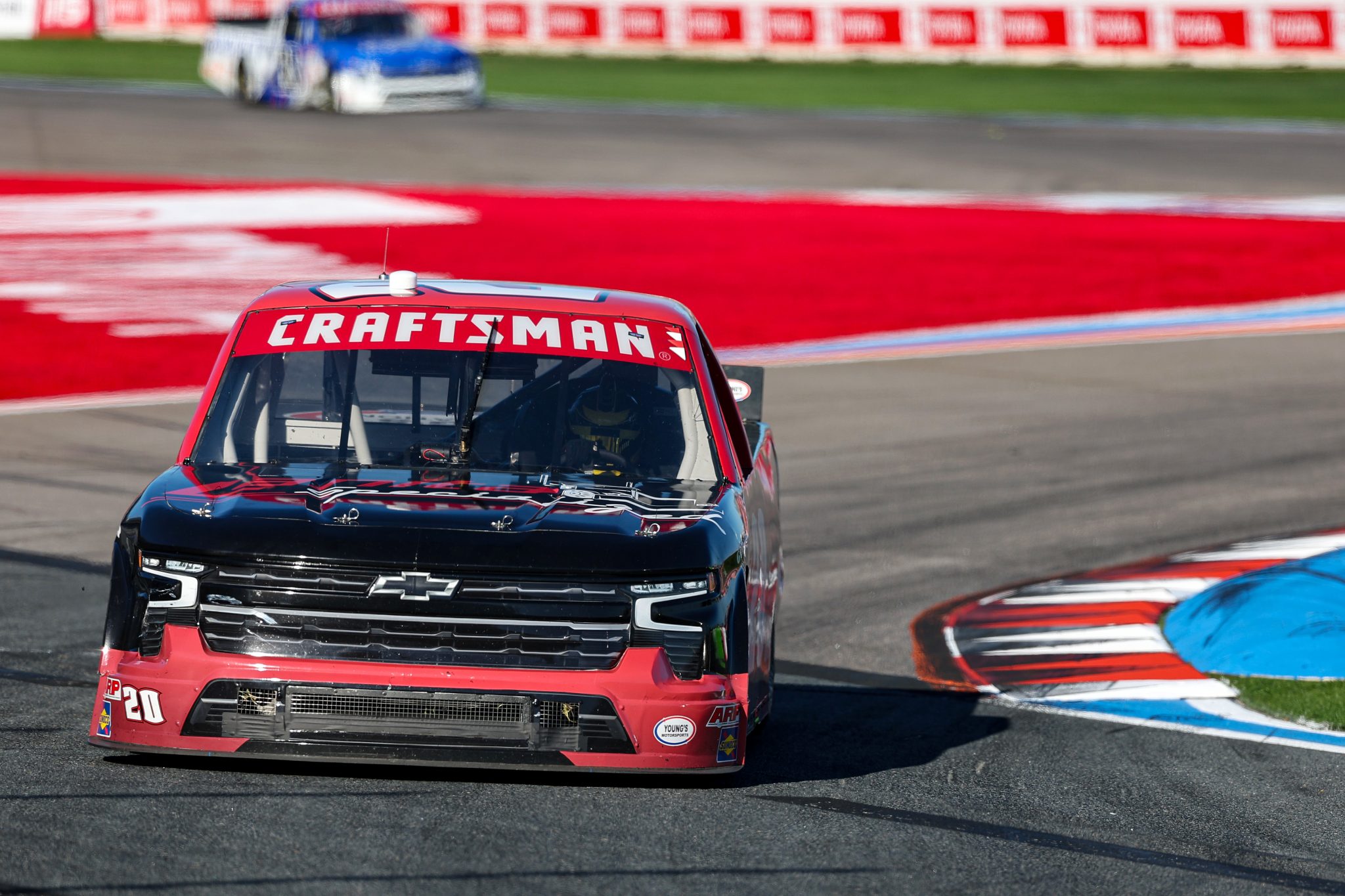 CONCORD, NORTH CAROLINA - OCTOBER 03: Will Rodgers, driver of the #20 Lanita Specialized Chevrolet, drives during the NASCAR Craftsman Truck Series EcoSave 250 at Charlotte Motor Speedway on October 03, 2025 in Concord, North Carolina. (Photo by David Jensen/Getty Images) | Getty Images