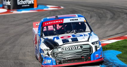 CONCORD, NORTH CAROLINA - OCTOBER 03: Corey Heim, driver of the #11 Mobil 1 Toyota, drives a damaged truck during the NASCAR Craftsman Truck Series EcoSave 250 at Charlotte Motor Speedway on October 03, 2025 in Concord, North Carolina. (Photo by David Jensen/Getty Images) | Getty Images