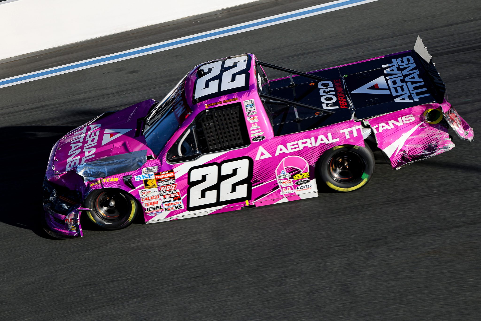 CONCORD, NORTH CAROLINA - OCTOBER 03: Josh Reaume, driver of the #22 Aerial Titans Ford, drives during the NASCAR Craftsman Truck Series EcoSave 250 at Charlotte Motor Speedway on October 03, 2025 in Concord, North Carolina. (Photo by David Jensen/Getty Images) | Getty Images