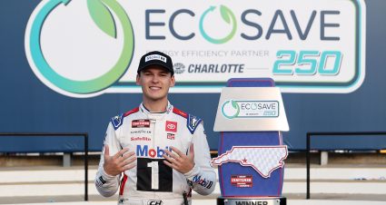CONCORD, NORTH CAROLINA - OCTOBER 03: Corey Heim, driver of the #11 Mobil 1 Toyota, celebrates in victory lane after winning  the NASCAR Craftsman Truck Series EcoSave 250, for the record-breaking 10th truck win of the season at Charlotte Motor Speedway on October 03, 2025 in Concord, North Carolina. (Photo by David Jensen/Getty Images) | Getty Images