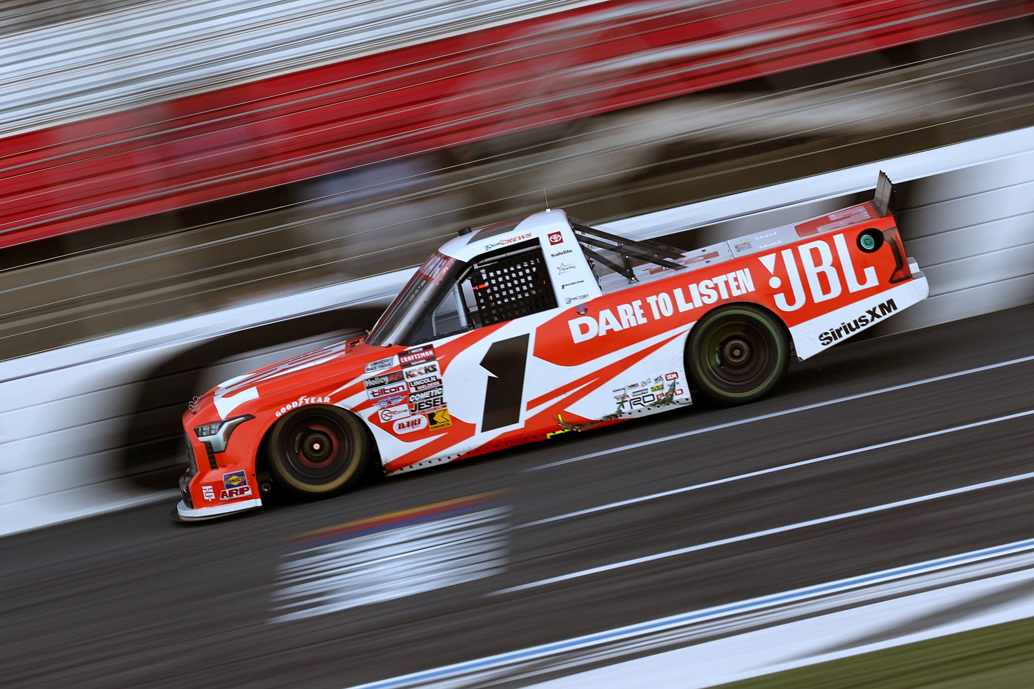 CONCORD, NORTH CAROLINA - OCTOBER 03: Brent Crews, driver of the #1 JBL Toyota, drives during the NASCAR Craftsman Truck Series EcoSave 250 at Charlotte Motor Speedway on October 03, 2025 in Concord, North Carolina. (Photo by David Jensen/Getty Images) | Getty Images