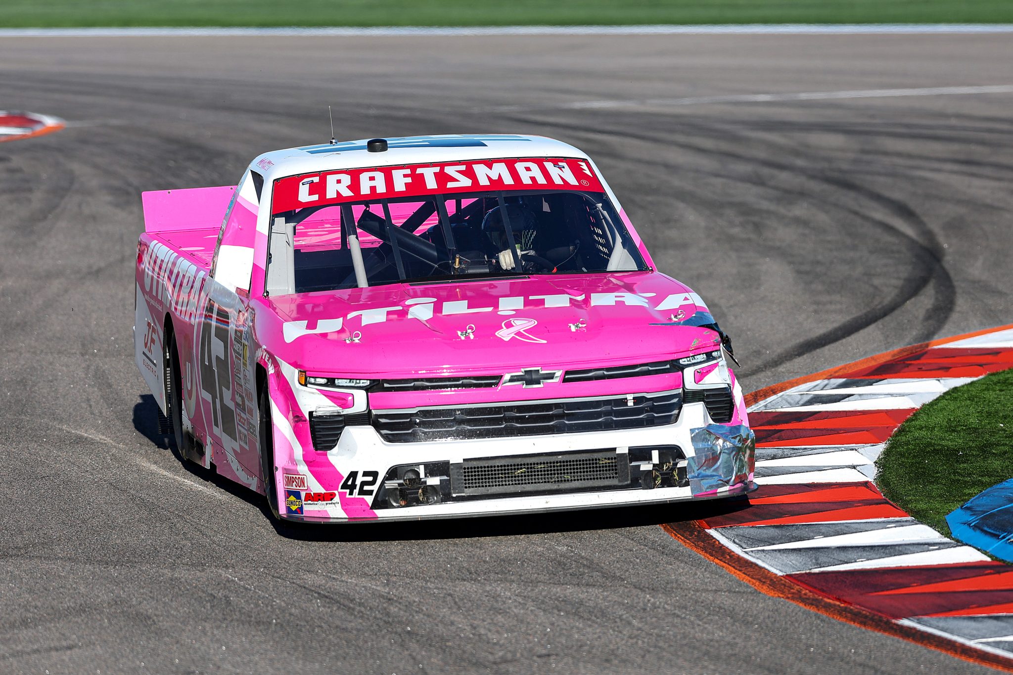 CONCORD, NORTH CAROLINA - OCTOBER 03: Matt Mills, driver of the #42 Utilitra Chevrolet, drives during the NASCAR Craftsman Truck Series EcoSave 250 at Charlotte Motor Speedway on October 03, 2025 in Concord, North Carolina. (Photo by David Jensen/Getty Images) | Getty Images