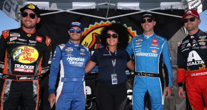 AVONDALE, ARIZONA - OCTOBER 30: Phoenix Raceway President Latasha Causey (C) poses with 2025 NASCAR Cup Series Championship 4 drivers (L-R) Chase Briscoe, Kyle Larson, Denny Hamlin and William Byron attend a fan event during NASCAR Championship Media Day at Phoenix Raceway on October 30, 2025 in Avondale, Arizona. (Photo by James Gilbert/Getty Images) | Getty Images