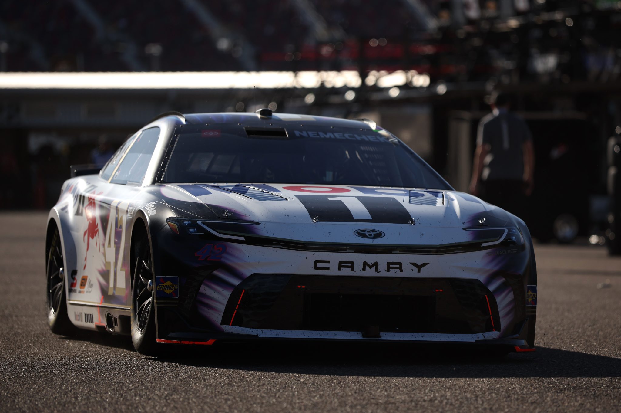 AVONDALE, ARIZONA - OCTOBER 31: John H. Nemechek, driver of the #42 Mobil 1 Toyota, drives through the garage area during practice for the NASCAR Cup Series Championship at Phoenix Raceway on October 31, 2025 in Avondale, Arizona. (Photo by James Gilbert/Getty Images) | Getty Images