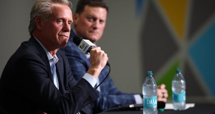 AVONDALE, ARIZONA - OCTOBER 31: NASCAR Commissioner Steve Phelps (L) and NASCAR President, Steve O'Donnell attend the NASCAR State of the Sport press conference at Phoenix Raceway on October 31, 2025 in Avondale, Arizona. (Photo by Jared C. Tilton/Getty Images) | Getty Images