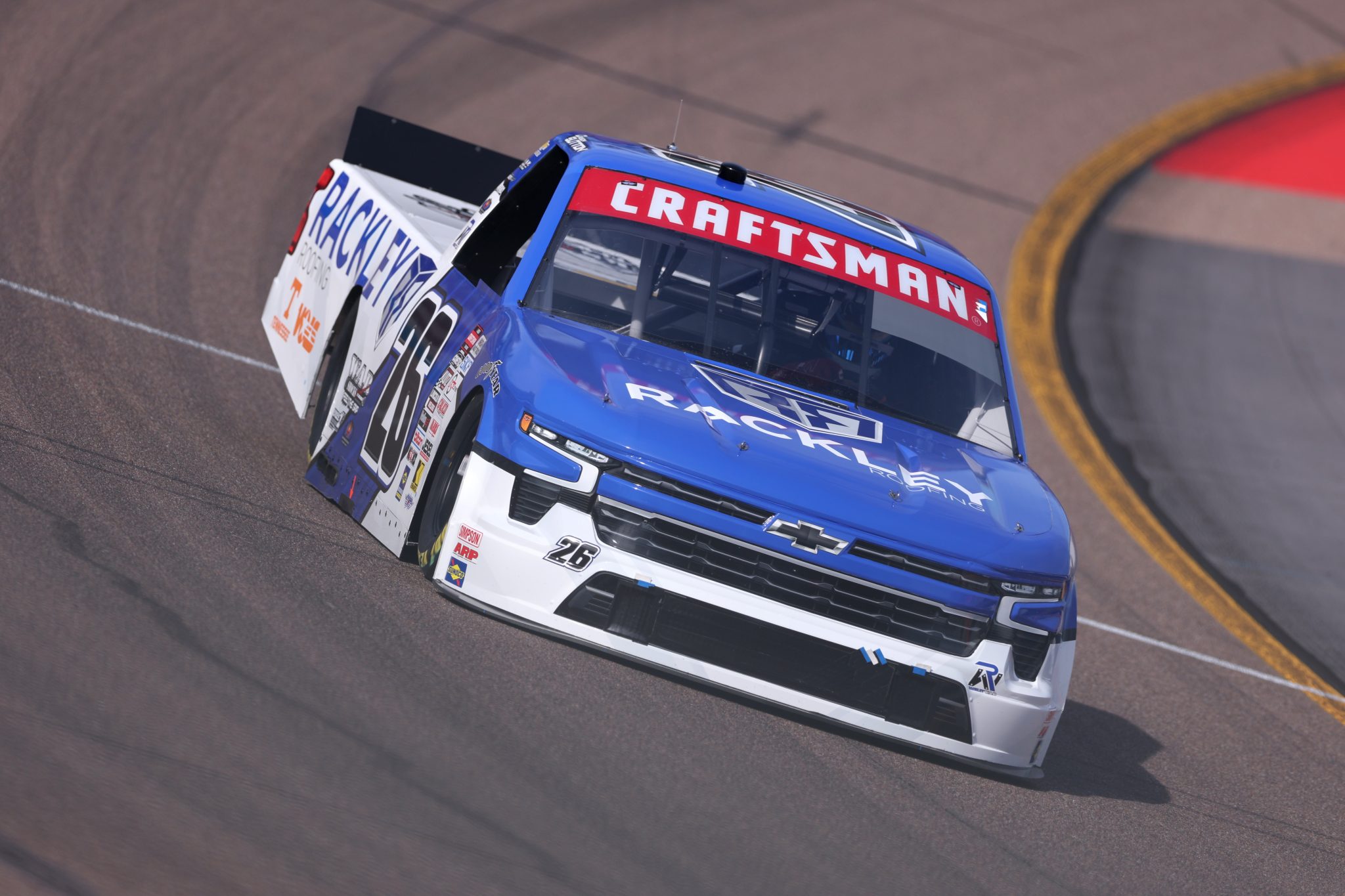 AVONDALE, ARIZONA - OCTOBER 31: Dawson Sutton, driver of the #26 Rackley Roofing Chevrolet, drives during qualifying for the NASCAR Craftsman Truck Series Championship at Phoenix Raceway on October 31, 2025 in Avondale, Arizona. (Photo by Christian Petersen/Getty Images) | Getty Images