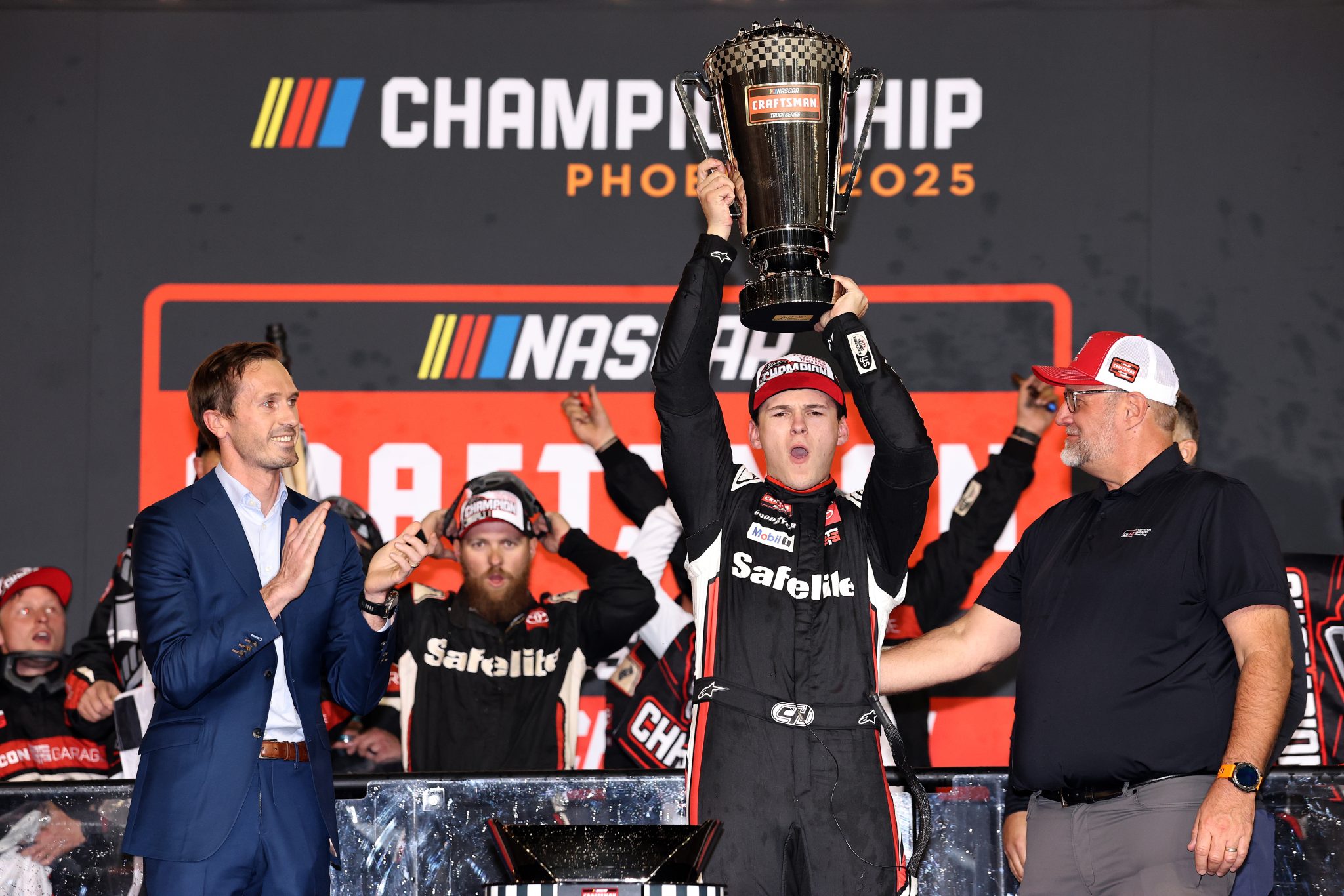 AVONDALE, ARIZONA - OCTOBER 31: Corey Heim, driver of the #11 Safelite Toyota, celebrates in victory lane after winning the NASCAR Craftsman Truck Series Championship at Phoenix Raceway on October 31, 2025 in Avondale, Arizona. (Photo by Chris Graythen/Getty Images) | Getty Images