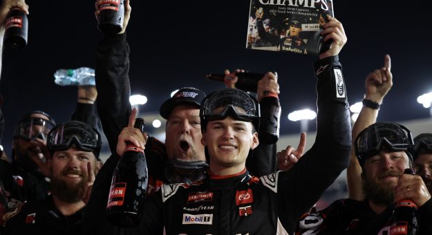 AVONDALE, ARIZONA - OCTOBER 31: Corey Heim, driver of the #11 Safelite Toyota, and crew celebrate in victory lane after winning the NASCAR Craftsman Truck Series Championship at Phoenix Raceway on October 31, 2025 in Avondale, Arizona. (Photo by James Gilbert/Getty Images) | Getty Images