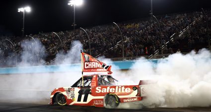 AVONDALE, ARIZONA - OCTOBER 31: Corey Heim, driver of the #11 Safelite Toyota, celebrates with a burnout after winning the NASCAR Craftsman Truck Series Championship at Phoenix Raceway on October 31, 2025 in Avondale, Arizona. (Photo by Jared C. Tilton/Getty Images) | Getty Images
