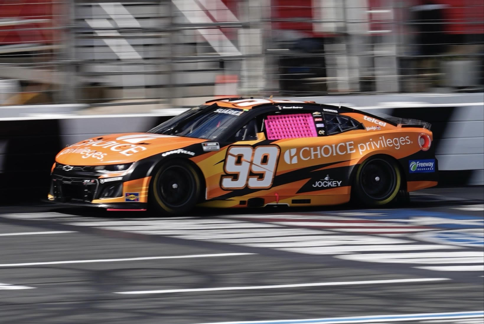 CONCORD, NORTH CAROLINA - OCTOBER 04: Daniel Suarez, driver of the #99 Choice Privileges Chevrolet, drives in preparation for the NASCAR Cup Series Bank of America ROVAL 400 at Charlotte Motor Speedway on October 04, 2025 in Concord, North Carolina. (Photo from Trackhouse Racing)