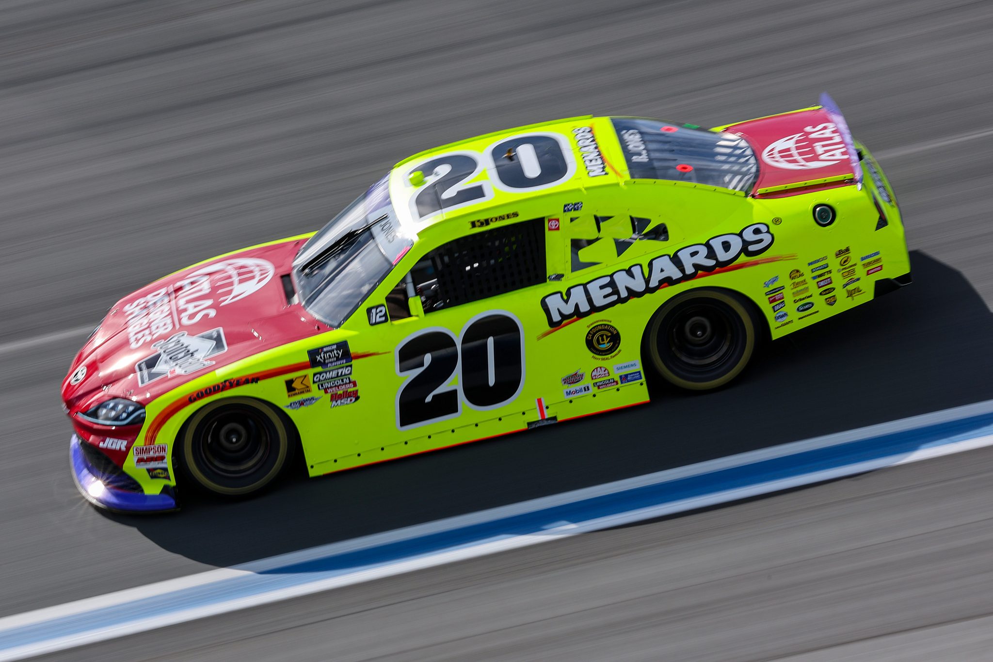 CONCORD, NORTH CAROLINA - OCTOBER 04: Brandon Jones, driver of the #20 Menards/Atlas Toyota, drives during qualifying for the NASCAR Xfinity Series Blue Cross NC 250 at Charlotte Motor Speedway on October 04, 2025 in Concord, North Carolina. (Photo by David Jensen/Getty Images) | Getty Images