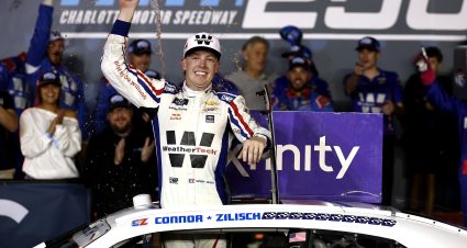 CONCORD, NORTH CAROLINA - OCTOBER 04: Connor Zilisch, driver of the #88 WeatherTech Chevrolet, celebrates in victory lane after winning the NASCAR Xfinity Series Blue Cross NC 250 at Charlotte Motor Speedway on October 04, 2025 in Concord, North Carolina. (Photo by Jared C. Tilton/Getty Images) | Getty Images