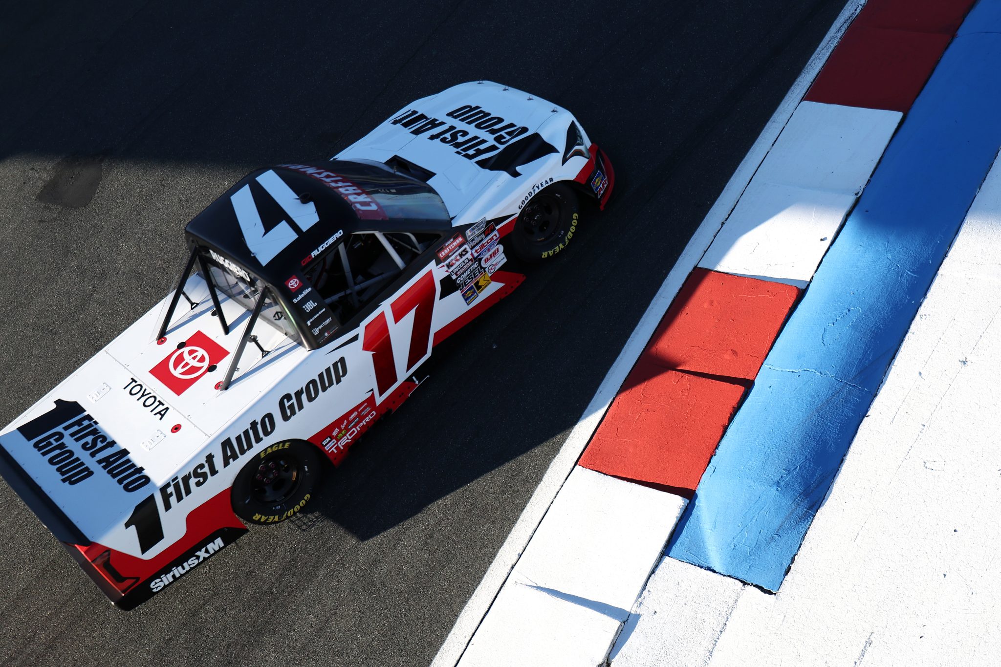 CONCORD, NORTH CAROLINA - OCTOBER 03: Giovanni Ruggiero, driver of the #17 First Auto Group Toyota, drives during the NASCAR Craftsman Truck Series EcoSave 250 at Charlotte Motor Speedway on October 03, 2025 in Concord, North Carolina. (Photo by David Jensen/Getty Images) | Getty Images