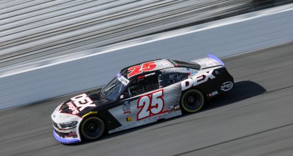 CONCORD, NORTH CAROLINA - OCTOBER 04: Harrison Burton, driver of the #25 DEX Imaging Ford, drives  during practice for the NASCAR Xfinity Series Blue Cross NC 250 at Charlotte Motor Speedway on October 04, 2025 in Concord, North Carolina. (Photo by David Jensen/Getty Images) | Getty Images