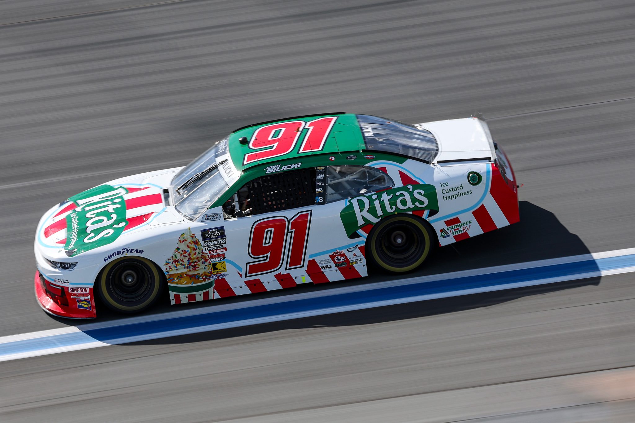 CONCORD, NORTH CAROLINA - OCTOBER 04: Josh Bilicki, driver of the #91 Rita's Italian Ice Chevrolet, drives during qualifying for the NASCAR Xfinity Series Blue Cross NC 250 at Charlotte Motor Speedway on October 04, 2025 in Concord, North Carolina. (Photo by David Jensen/Getty Images) | Getty Images