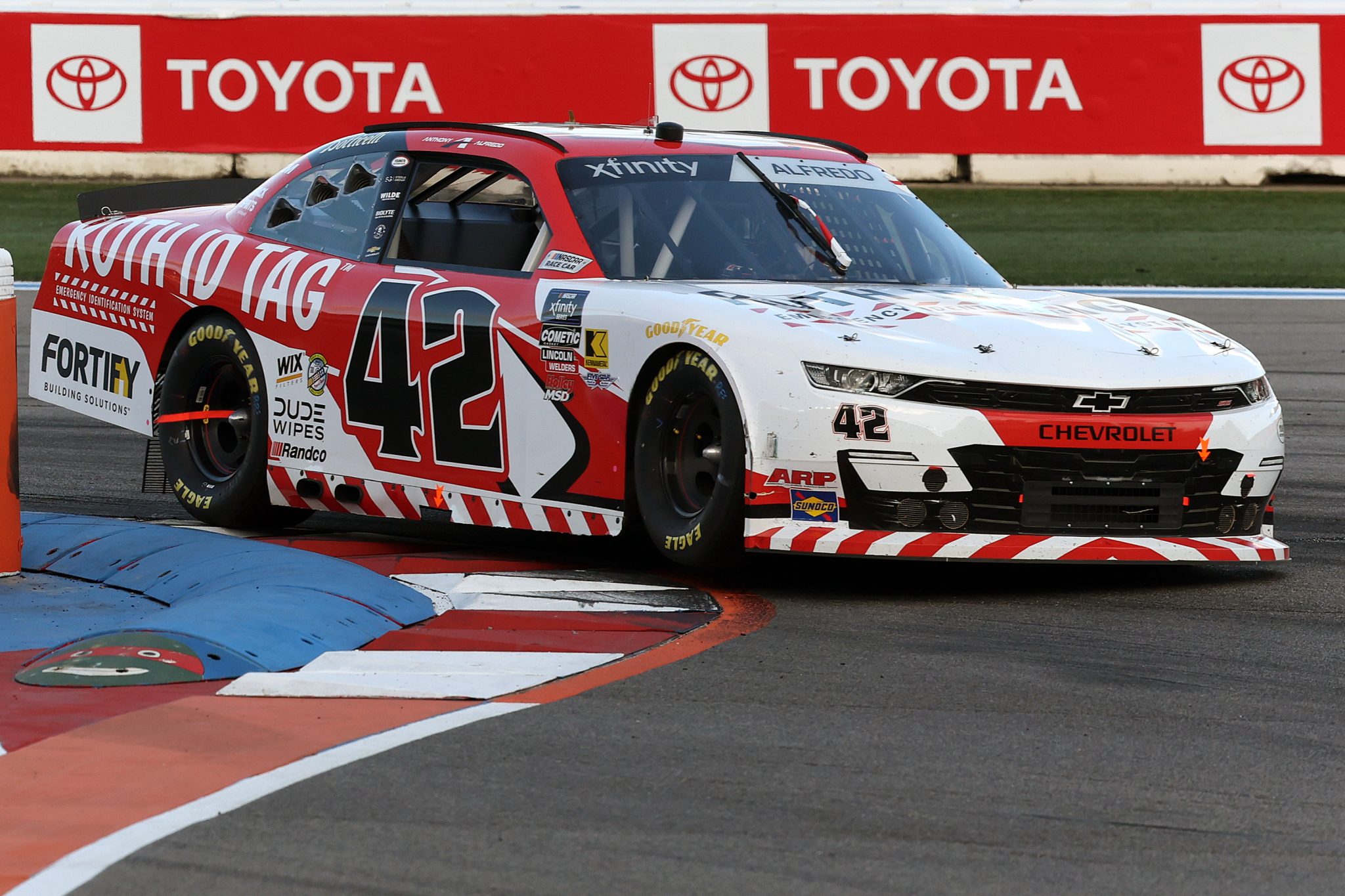 CONCORD, NORTH CAROLINA - OCTOBER 04: Anthony Alfredo, driver of the #42 Roth ID Tag Chevrolet, drives during the NASCAR Xfinity Series Blue Cross NC 250 at Charlotte Motor Speedway on October 04, 2025 in Concord, North Carolina. (Photo by Jordan Bank/Getty Images) | Getty Images