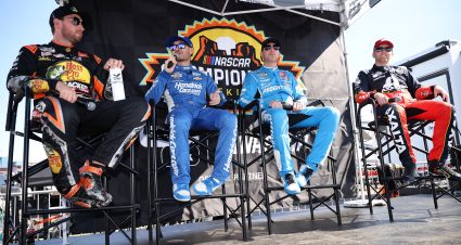AVONDALE, ARIZONA - OCTOBER 30: (L-R) 2025 NASCAR Cup Series Championship 4 drivers, Chase Briscoe, Kyle Larson, Denny Hamlin and William Byron attend a fan event during NASCAR Championship Media Day at Phoenix Raceway on October 30, 2025 in Avondale, Arizona. (Photo by James Gilbert/Getty Images) | Getty Images