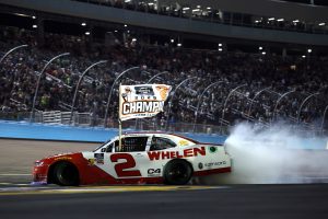 AVONDALE, ARIZONA - NOVEMBER 01: Jesse Love, driver of the #2 Whelen Chevrolet, celebrates with a burnout after winning the NASCAR Xfinity Series Championship at Phoenix Raceway on November 01, 2025 in Avondale, Arizona. (Photo by Jared C. Tilton/Getty Images) | Getty Images