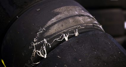 BRISTOL, TENNESSEE - SEPTEMBER 13: A detail view of the worn tires of Bubba Wallace, driver of the #23 Robinhood Toyota, during the NASCAR Cup Series Bass Pro Shops Night Race at Bristol Motor Speedway on September 13, 2025 in Bristol, Tennessee. (Photo by Jared C. Tilton/Getty Images) | Getty Images