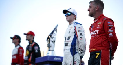 AVONDALE, ARIZONA - NOVEMBER 01: (L-R) NASCAR Xfinity Series Championship 4 drivers, Jesse Love, driver of the #2 Whelen Chevrolet, Carson Kvapil, driver of the #1 Bass Pro Shops/Clarience Tech Chevrolet, Connor Zilisch, driver of the #88 WeatherTech Chevrolet, and Justin Allgaier, driver of the #7 BRANDT Chevrolet, wave to fans on the parade lap prior to the NASCAR Xfinity Series Championship at Phoenix Raceway on November 01, 2025 in Avondale, Arizona. (Photo by Jared C. Tilton/Getty Images) | Getty Images