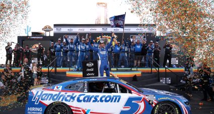 AVONDALE, ARIZONA - NOVEMBER 02:  Kyle Larson, driver of the #5 HendrickCars.com Chevrolet, celebrates in victory lane after finish first of the NASCAR Cup Series Championship 4 drivers to win the NASCAR Cup Series Championship at Phoenix Raceway on November 02, 2025 in Avondale, Arizona. (Photo by Chris Graythen/Getty Images) | Getty Images