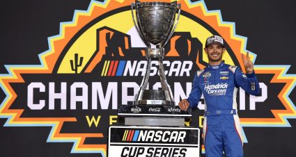 AVONDALE, ARIZONA - NOVEMBER 02:  Kyle Larson, driver of the #5 HendrickCars.com Chevrolet, celebrates in victory lane after finish first of the NASCAR Cup Series Championship 4 drivers to win the NASCAR Cup Series Championship at Phoenix Raceway on November 02, 2025 in Avondale, Arizona. (Photo by Meg Oliphant/Getty Images) | Getty Images