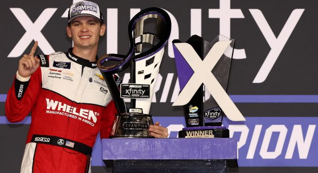 AVONDALE, ARIZONA - NOVEMBER 01: Jesse Love, driver of the #2 Whelen Chevrolet, celebrates in victory lane after winning the NASCAR Xfinity Series Championship at Phoenix Raceway on November 01, 2025 in Avondale, Arizona. (Photo by Meg Oliphant/Getty Images) | Getty Images