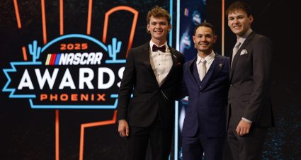 PHOENIX, ARIZONA - NOVEMBER 04:  (L-R) 2025 NASCAR Xfinity Series Champion, Jesse Love, NASCAR Cup Series Champion Kyle Larson and NASCAR Craftsman Truck Series Champion, Corey Heim pose forphotos onstage during the 2025 NASCAR Awards Show at JW Marriott Desert Ridge Resort & Spa on November 04, 2025 in Phoenix, Arizona. (Photo by Chris Graythen/Getty Images) | Getty Images