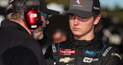 LOUDON, NEW HAMPSHIRE - SEPTEMBER 19: Conner Jones, driver of the #41 AutoVentive/Precision Chevrolet, speaks to a crew member during practice for the NASCAR Craftsman Truck Series Team EJP 175 at New Hampshire Motor Speedway on September 19, 2025 in Loudon, New Hampshire. (Photo by Meg Oliphant/Getty Images) | Getty Images