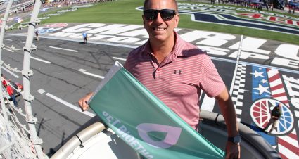 CONCORD, NORTH CAROLINA - OCTOBER 13: Honorary Starter, former NASCAR Cup Series driver, Greg Biffle poses with the green flag in the flagstand prior to the NASCAR Cup Series Bank of America ROVAL 400 at Charlotte Motor Speedway on October 13, 2024 in Concord, North Carolina. (Photo by Meg Oliphant/Getty Images) | Getty Images