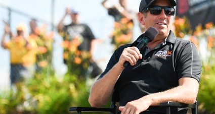 STAFFORD, CT - JULY 2: Greg Biffle speaks during the Q&A session during the Camping World Superstar Racing Experience event at Stafford Motor Speedway on July 2, 2022 in Stafford, Connecticut. (Photo by Kathryn Riley/SRX via Getty Images)