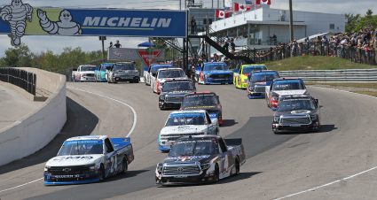 BOWMANVILLE, ON - AUGUST 25: Brett Moffitt #24 driving the CMR Construction & Roofing Chevrolet leads the field away from pole position in the Chevrolet Silverado 250 Gander Nascar Outdoor Truck Series event at Canadian Tire Motorsport Park on August 25, 2019 in Bowmanville, Ontario, Canada. (Photo by Claus Andersen/Getty Images) | Getty Images