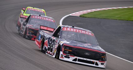 MADISON, ILLINOIS - MAY 31: Ty Majeski, driver of the #98 Road Ranger/ Bucked Up Ford, Ben Rhodes, driver of the #99 Bommarito Automotive Group Ford, and Matt Crafton, driver of the #88 Ideal Door/Menards Ford, drive during practice for the NASCAR Craftsman Truck Series Toyota 200 at WWT Raceway on May 31, 2024 in Madison, Illinois. (Photo by Logan Riely/Getty Images) | Getty Images