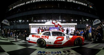 DAYTONA BEACH, FLORIDA - FEBRUARY 15: Jesse Love, driver of the #2 Whelen Chevrolet celebrates in victory lane after winning the NASCAR Xfinity Series United Rentals 300 at Daytona International Speedway on February 15, 2025 in Daytona Beach, Florida. (Photo by Chris Graythen/Getty Images) | Getty Images