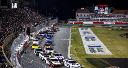WINSTON SALEM, NORTH CAROLINA - FEBRUARY 02: Chase Elliott, driver of the #9 NAPA Auto Parts Chevrolet and Denny Hamlin, driver of the #11 Sport Clips Haircuts Toyota lead the field during the Cook Out Clash at Bowman Gray Stadium on February 02, 2025 in Winston Salem, North Carolina. (Photo by Sean Gardner/Getty Images) | Getty Images