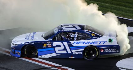 HAMPTON, GEORGIA - FEBRUARY 22: Austin Hill, driver of the #21 Bennett Transportation Chevrolet, celebrates with a burnout after winning the NASCAR Xfinity Series Bennett Transportation and Logistics 250 at Atlanta Motor Speedway on February 22, 2025 in Hampton, Georgia. (Photo by Jonathan Bachman/Getty Images) | Getty Images