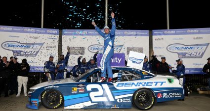 HAMPTON, GEORGIA - FEBRUARY 22: Austin Hill, driver of the #21 Bennett Transportation Chevrolet, celebrates in victory lane after winning the NASCAR Xfinity Series Bennett Transportation and Logistics 250 at Atlanta Motor Speedway on February 22, 2025 in Hampton, Georgia. (Photo by Chris Graythen/Getty Images) | Getty Images