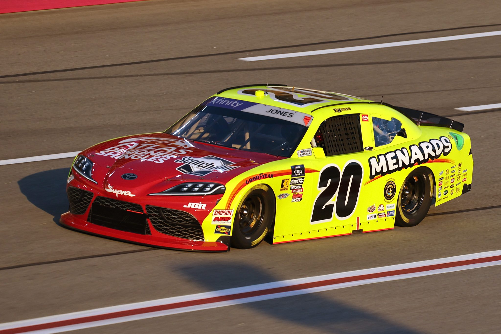 HAMPTON, GEORGIA - FEBRUARY 21: Brandon Jones #20 driver of the Menards/Atlas Toyota drives during qualifying for the NASCAR Xfinity Series Bennett Transportation and Logistics 250 at Atlanta Motor Speedway on February 21, 2025 in Hampton, Georgia. (Photo by Chris Graythen/Getty Images) | Getty Images