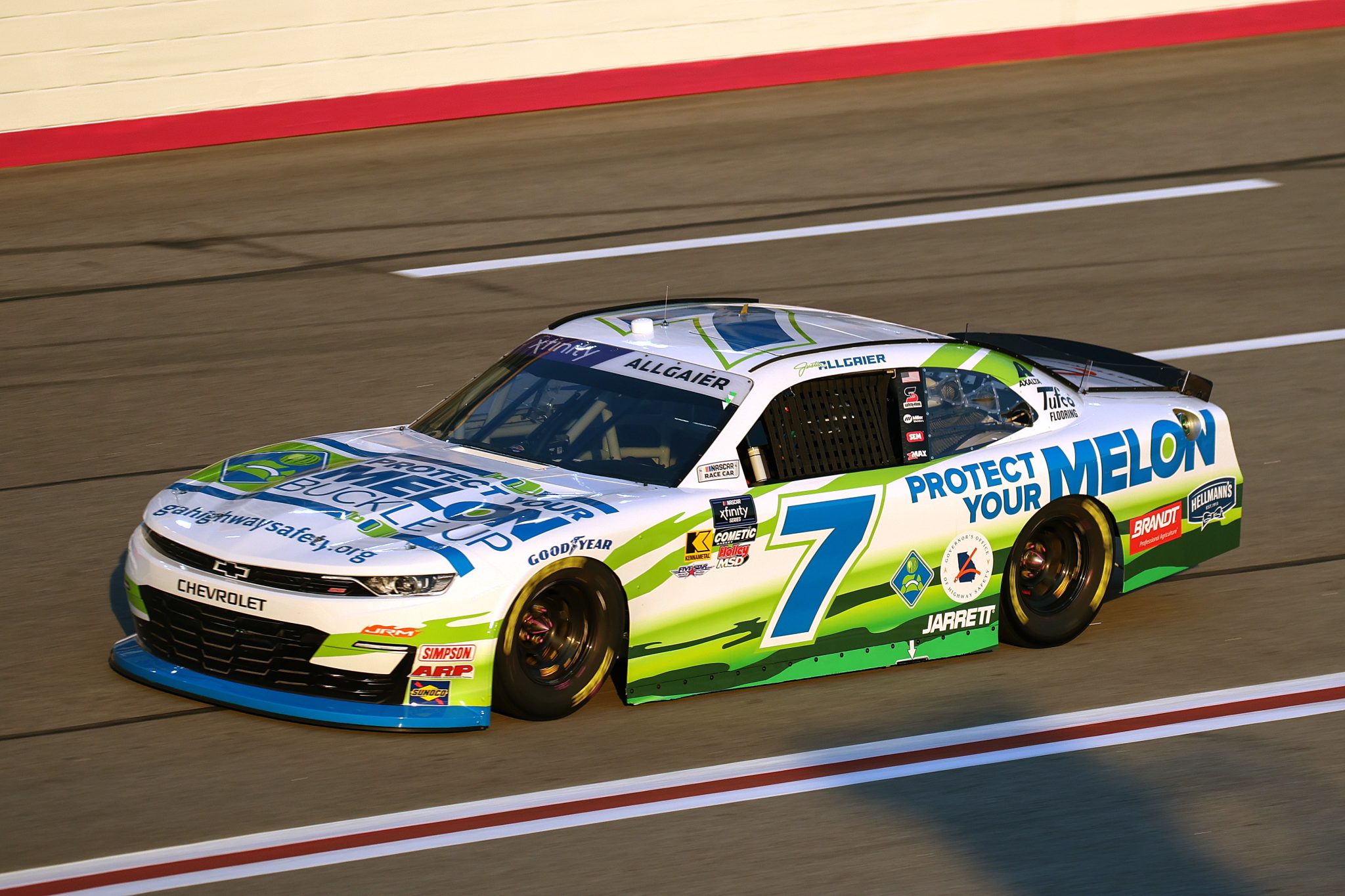 HAMPTON, GEORGIA - FEBRUARY 21: Justin Allgaier #7 driver of the Protect Your Melon Buckle Up Chevrolet drives during qualifying for the NASCAR Xfinity Series Bennett Transportation and Logistics 250 at Atlanta Motor Speedway on February 21, 2025 in Hampton, Georgia. (Photo by Chris Graythen/Getty Images) | Getty Images