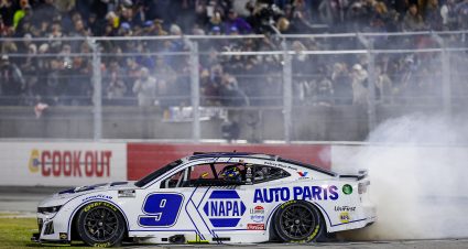 WINSTON SALEM, NORTH CAROLINA - FEBRUARY 02: Chase Elliott, driver of the #9 NAPA Auto Parts Chevrolet celebrates with a burnout after winning the Cook Out Clash at Bowman Gray Stadium on February 02, 2025 in Winston Salem, North Carolina. (Photo by Sean Gardner/Getty Images) | Getty Images