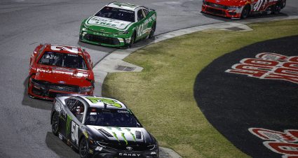 WINSTON SALEM, NORTH CAROLINA - FEBRUARY 02: Ty Gibbs, driver of the #54 Monster Energy Toyota, Josh Berry, driver of the #21 Motorcraft/Quick Lane Ford, John H. Nemechek, driver of the #42 Dollar Tree Toyota and Cole Custer, driver of the #41 HaasTooling.com Ford race during the Last Chance Qualifier race for the Cook Out Clash at Bowman Gray Stadium on February 02, 2025 in Winston Salem, North Carolina. (Photo by Sean Gardner/Getty Images) | Getty Images