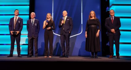 CHARLOTTE, NORTH CAROLINA - FEBRUARY 07: (L-R) 2025 Hall of Fame inductees, Carl Edwards and Ricky Rudd, host Kim Coon and Adam Alexander and family members of 2025 Hall of Fame inductee, Ralph Moody pose onstage during the 2025 NASCAR Hall of Fame Induction Ceremony at Charlotte Convention Center on February 07, 2025 in Charlotte, North Carolina.  (Photo by David Jensen/Getty Images) | Getty Images