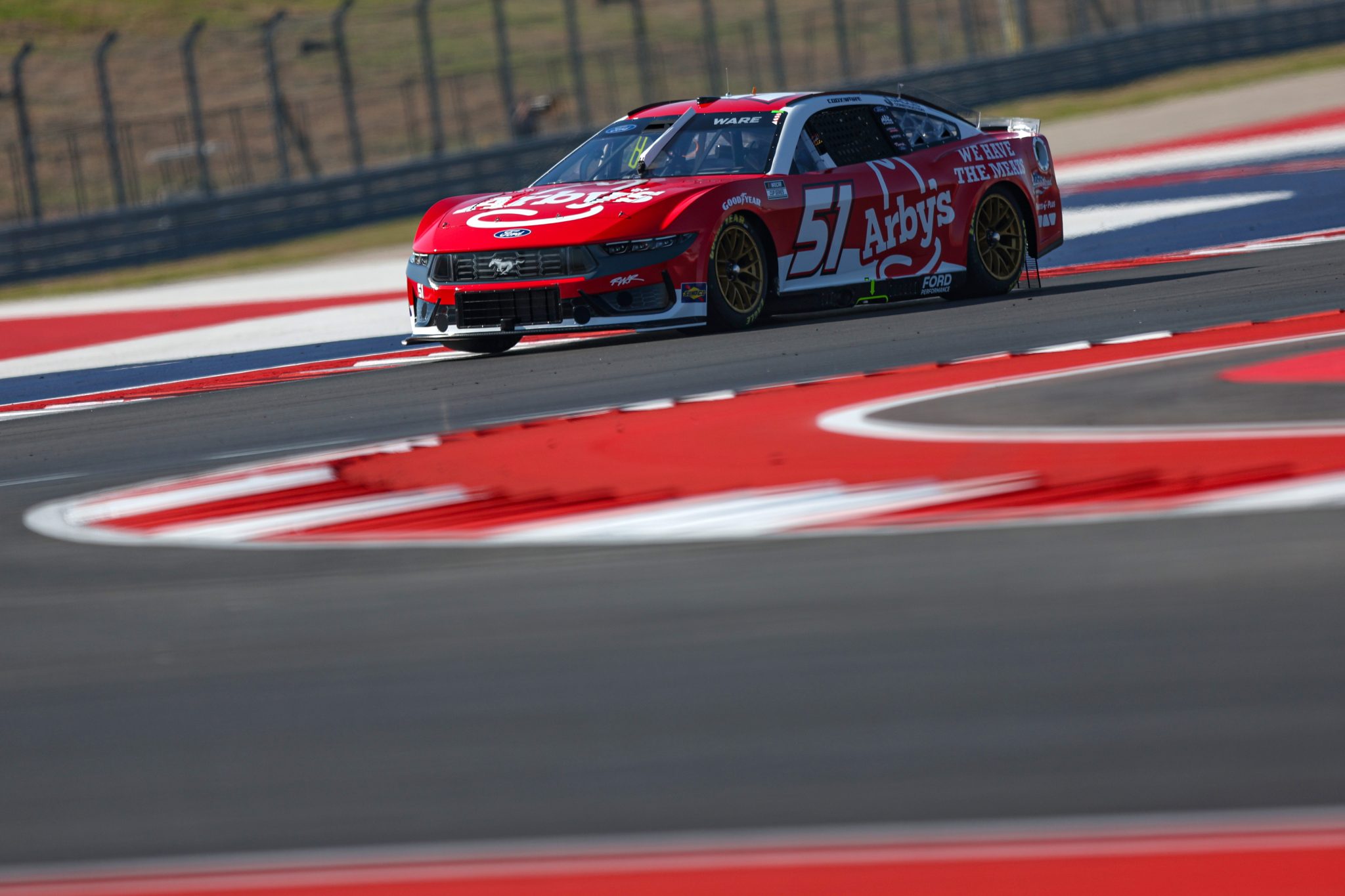 AUSTIN, TEXAS - MARCH 01: Cody Ware, driver of the #51 Arby's Ford, drives during practice for the NASCAR Cup Series EchoPark Automotive Grand Prix at Circuit of The Americas on March 01, 2025 in Austin, Texas. (Photo by Meg Oliphant/Getty Images) | Getty Images