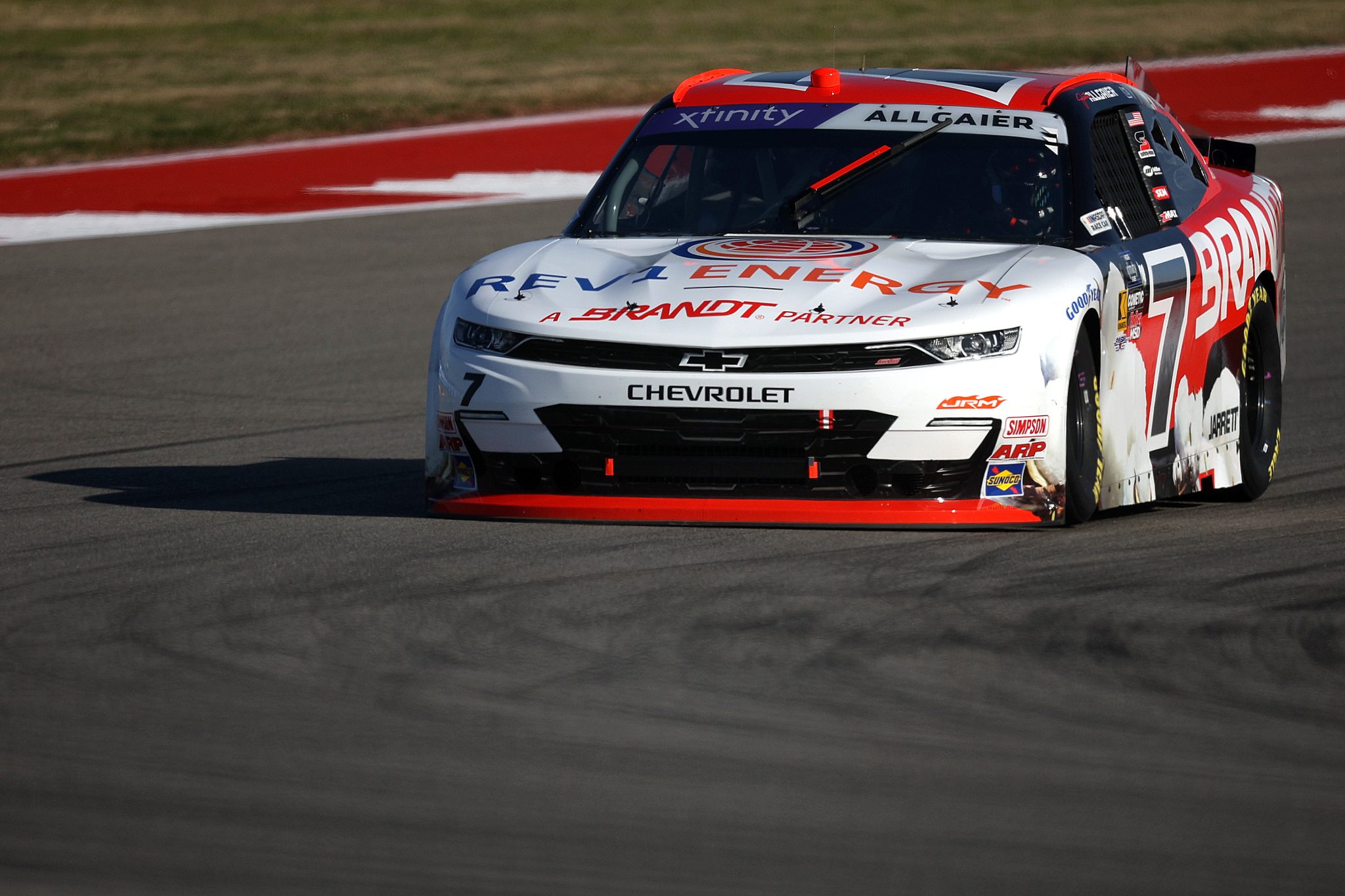 AUSTIN, TEXAS - FEBRUARY 28: Justin Allgaier, driver of the #7 BRANDT/Rev1 Energy Chevrolet, drives during practice for the NASCAR Xfinity Series Focused Health 250 at Circuit of The Americas on February 28, 2025 in Austin, Texas. (Photo by James Gilbert/Getty Images) | Getty Images