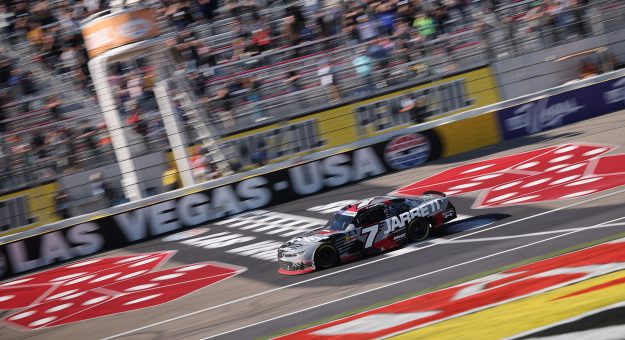 LAS VEGAS, NEVADA - MARCH 15: Justin Allgaier, driver of the #7 Jarrett Logistics Chevrolet, takes the checkered flag to win the NASCAR Xfinity Series The LiUNA! at Las Vegas Motor Speedway on March 15, 2025 in Las Vegas, Nevada. (Photo by Jonathan Bachman/Getty Images) | Getty Images