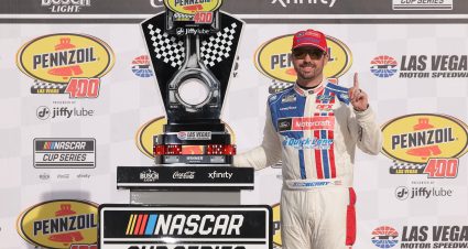 LAS VEGAS, NEVADA - MARCH 16: Josh Berry, driver of the #21 Motorcraft/Quick Lane Ford, poses with the trophy in victory lane after winning the NASCAR Cup Series Pennzoil 400 at Las Vegas Motor Speedway on March 16, 2025 in Las Vegas, Nevada. (Photo by Jonathan Bachman/Getty Images) | Getty Images