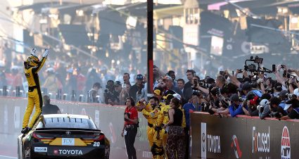 AUSTIN, TEXAS - MARCH 02: Christopher Bell, driver of the #20 DEWALT Toyota, celebrates after winning the NASCAR Cup Series EchoPark Automotive Grand Prix at Circuit of The Americas on March 02, 2025 in Austin, Texas. (Photo by Meg Oliphant/Getty Images) | Getty Images