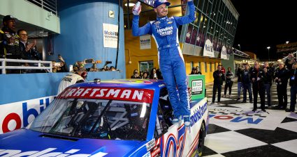 HOMESTEAD, FLORIDA - MARCH 21: Kyle Larson, driver of the #07 HendrickCars.com Chevrolet, celebrates in victory lane after winning the NASCAR Craftsman Truck Series Baptist Health 200 at Homestead-Miami Speedway on March 21, 2025 in Homestead, Florida. (Photo by Chris Graythen/Getty Images) | Getty Images