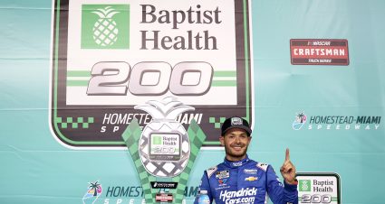 HOMESTEAD, FLORIDA - MARCH 21: Kyle Larson, driver of the #07 HendrickCars.com Chevrolet, celebrates in victory lane after winning the NASCAR Craftsman Truck Series Baptist Health 200 at Homestead-Miami Speedway on March 21, 2025 in Homestead, Florida. (Photo by Chris Graythen/Getty Images) | Getty Images